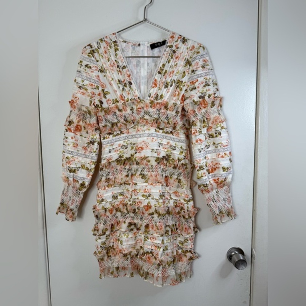 O.P.T. Peach and green long sleeve deep V neck, ruffle, shirred, mini dress. S